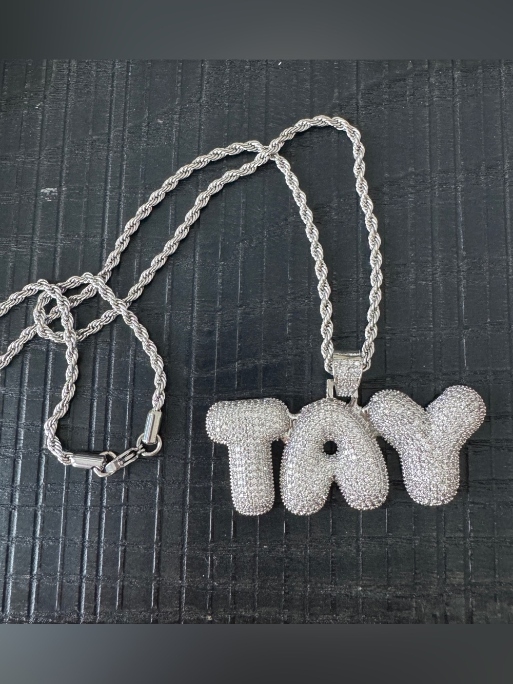 TAY Bubble Letter Pendant Necklace in Silver Tone
